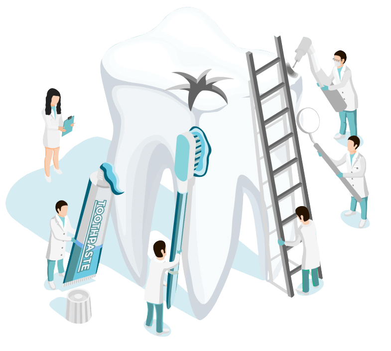 Illustration d'une dent où plusieurs personne intervient dessus pour faire des soins
